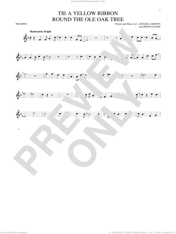 Tie A Yellow Ribbon Round The Ole Oak Tree sheet music for trumpet solo by Dawn featuring Tony Orlando, Irwin Levine and L. Russell Brown, intermediate skill level