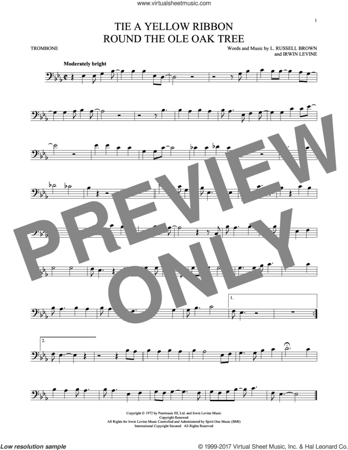 Tie A Yellow Ribbon Round The Ole Oak Tree sheet music for trombone solo by Dawn featuring Tony Orlando, Irwin Levine and L. Russell Brown, intermediate skill level