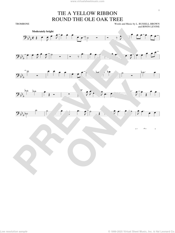 Tie A Yellow Ribbon Round The Ole Oak Tree sheet music for trombone solo by Dawn featuring Tony Orlando, Irwin Levine and L. Russell Brown, intermediate skill level