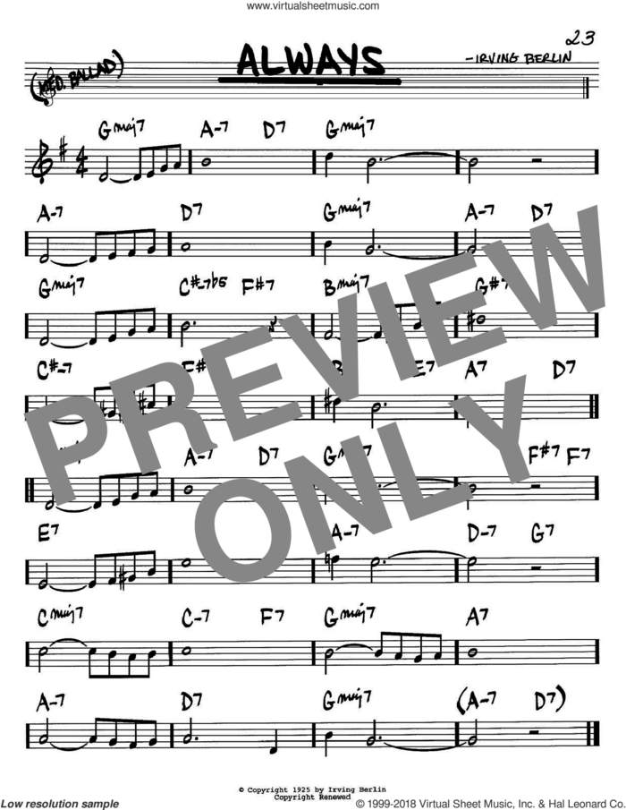Always sheet music for voice and other instruments (in Bb) by Irving Berlin, Billie Holiday, Frank Sinatra and Patsy Cline, intermediate skill level