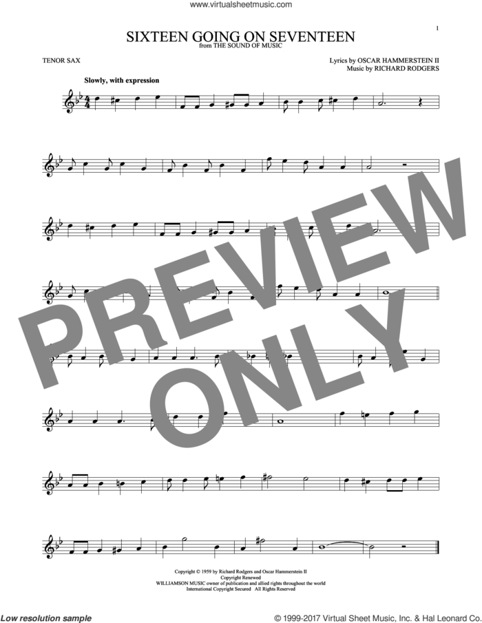 Sixteen Going On Seventeen (from The Sound of Music) sheet music for tenor saxophone solo by Rodgers & Hammerstein, Oscar II Hammerstein and Richard Rodgers, intermediate skill level
