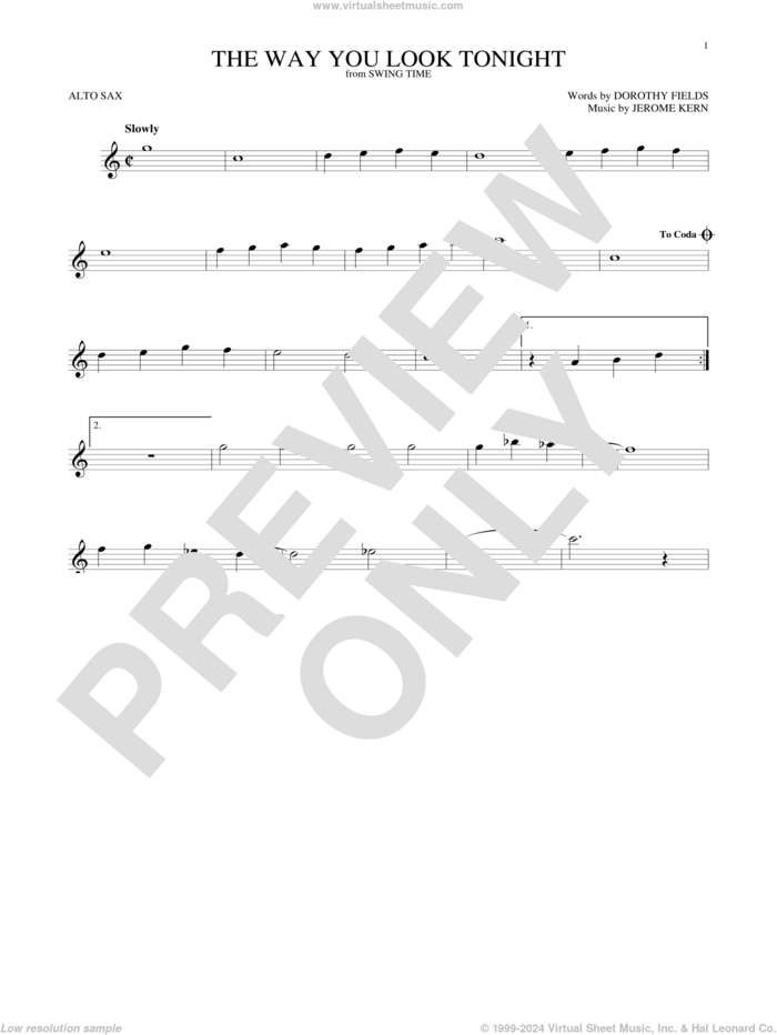 The Way You Look Tonight sheet music for alto saxophone solo by Jerome Kern and Dorothy Fields, wedding score, intermediate skill level