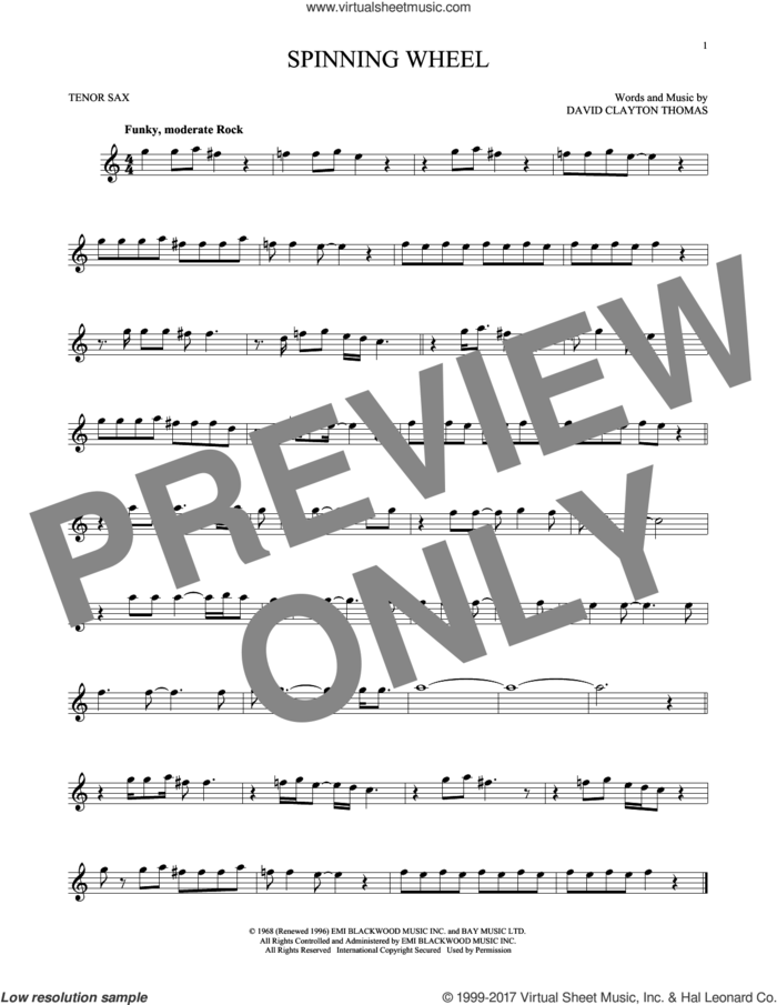 Spinning Wheel sheet music for tenor saxophone solo by Blood, Sweat & Tears and David Clayton Thomas, intermediate skill level