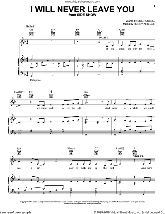 I Will Never Leave You sheet music for voice, piano or guitar by Henry Krieger and Bill Russell, intermediate skill level