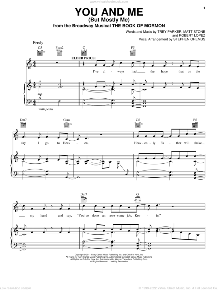 You And Me (But Mostly Me) sheet music for voice, piano or guitar by Robert Lopez, Matt Stone and Trey Parker, intermediate skill level