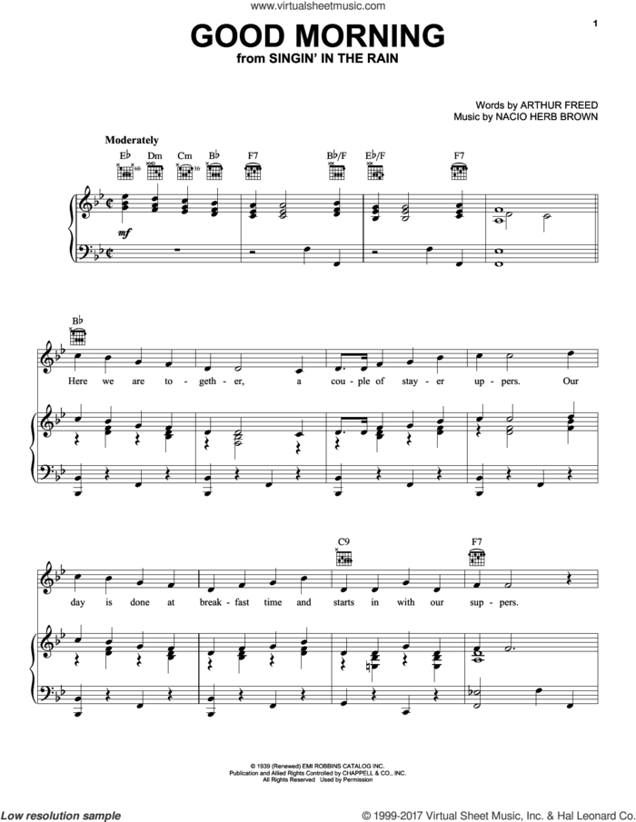 Good Morning sheet music for voice, piano or guitar by Arthur Freed and Nacio Herb Brown, intermediate skill level