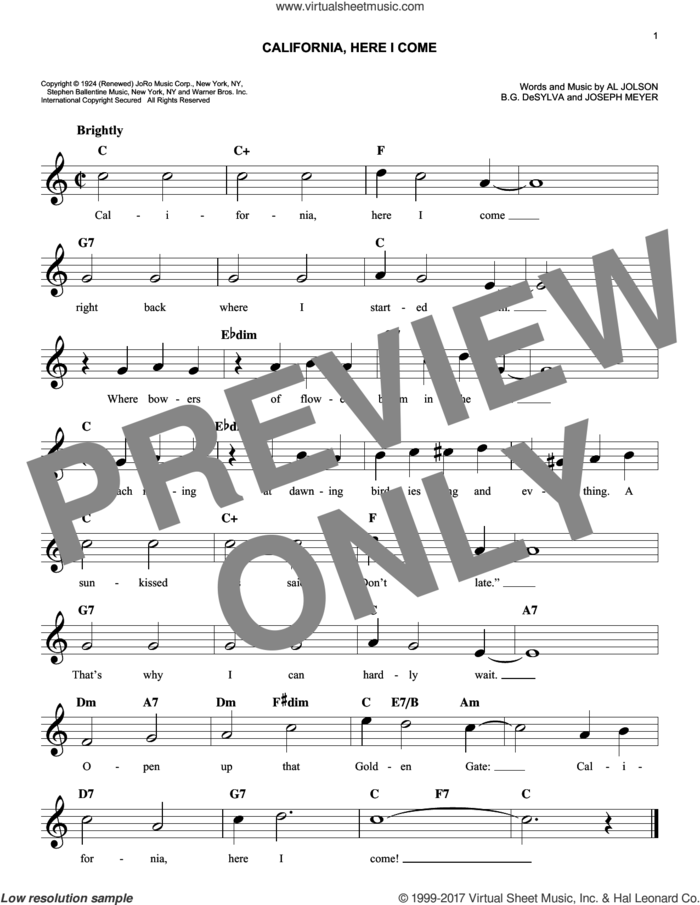 California, Here I Come sheet music for voice and other instruments (fake book) by Buddy DeSylva, Benny Goodman & His Orchestra, Al Jolson and Joseph Meyer, easy skill level