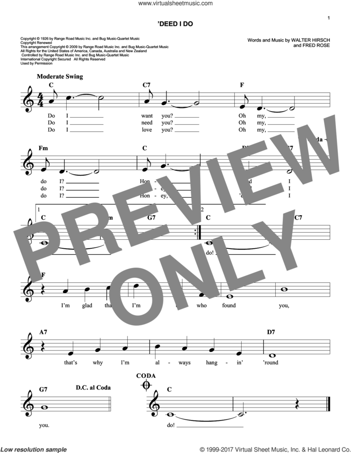 'Deed I Do sheet music for voice and other instruments (fake book) by Fred Rose and Walter Hirsch, easy skill level