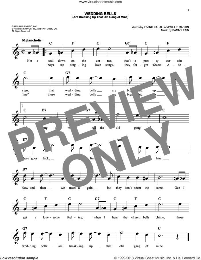 Wedding Bells (Are Breaking Up That Old Gang Of Mine) sheet music for voice and other instruments (fake book) by Sammy Fain, Irving Kahal and Willie Raskin, easy skill level