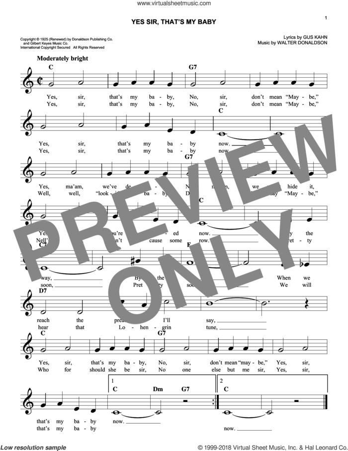 Yes Sir, That's My Baby sheet music for voice and other instruments (fake book) by Gus Kahn and Walter Donaldson, easy skill level