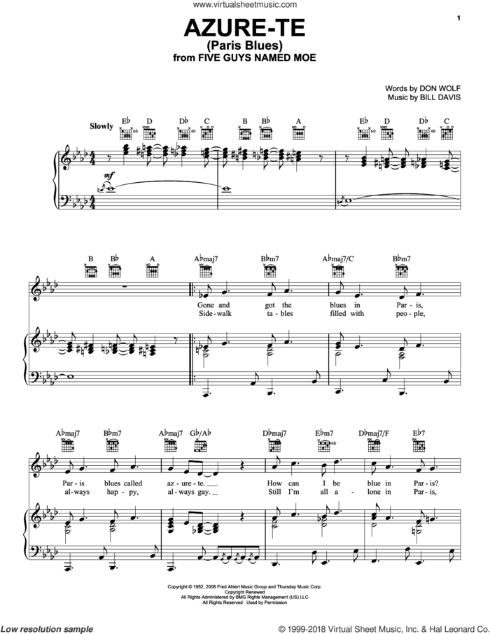 Azure-Te (Paris Blues) sheet music for voice, piano or guitar by Bill Davis and Don Wolf, intermediate skill level