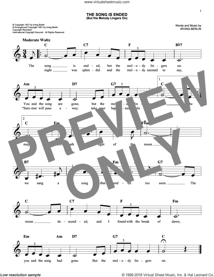 The Song Is Ended (But The Melody Lingers On) sheet music for voice and other instruments (fake book) by Irving Berlin, easy skill level