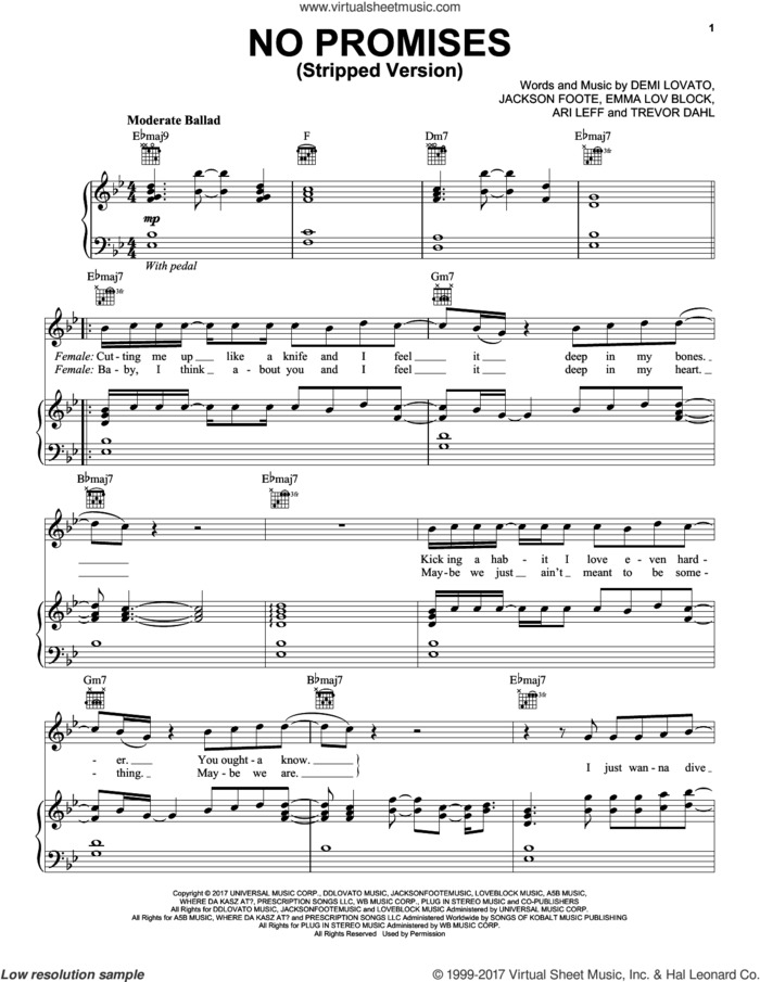 No Promises sheet music for voice, piano or guitar by Cheat Codes feat. Demi Lovato, Ari Leff, Demi Lovao, Emma Love Block, Jackson Foote, Kevin Ford, Matthew Russell and Trevor Dahl, intermediate skill level
