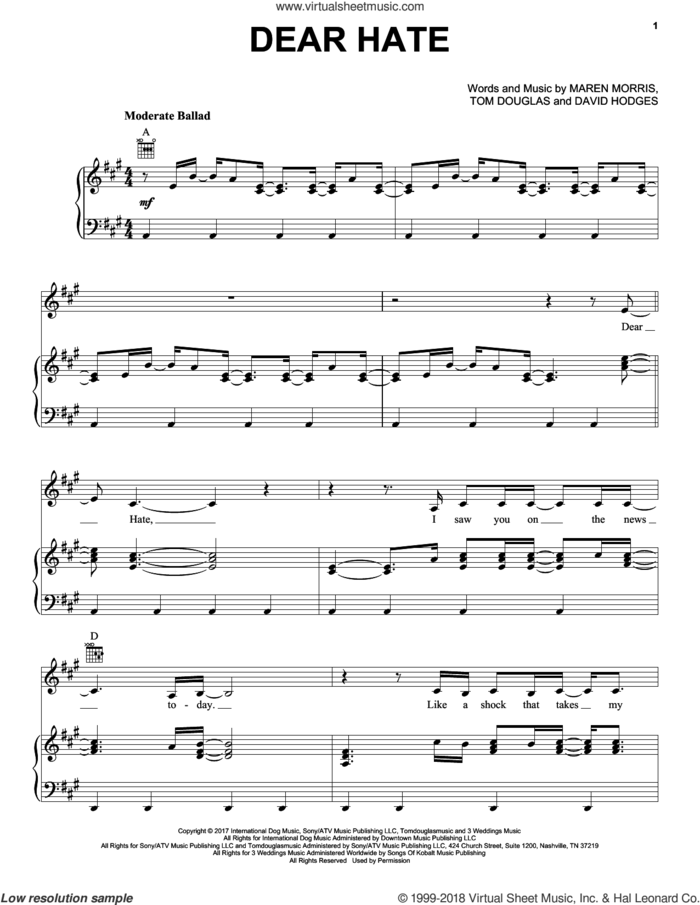 Dear Hate (feat. Vince Gill) sheet music for voice, piano or guitar by Maren Morris featuring Vince Gill, Vince Gill, David Hodges, Maren Morris and Tom Douglas, intermediate skill level