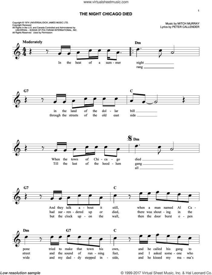 The Night Chicago Died sheet music for voice and other instruments (fake book) by Paper Lace, Mitch Murray and Peter Callander, easy skill level