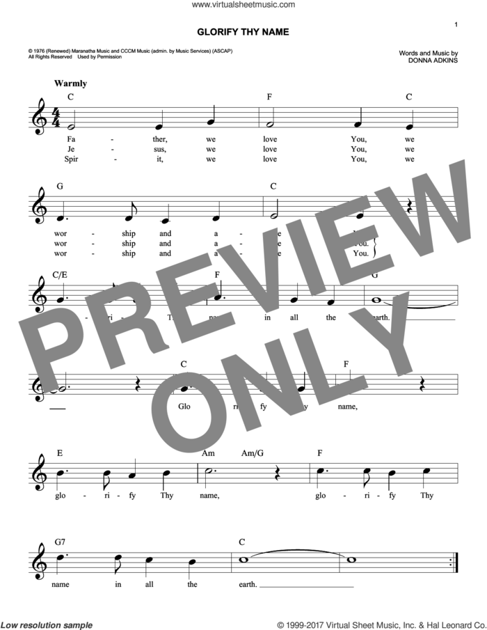 Glorify Thy Name sheet music for voice and other instruments (fake book) by Donna Adkins, easy skill level