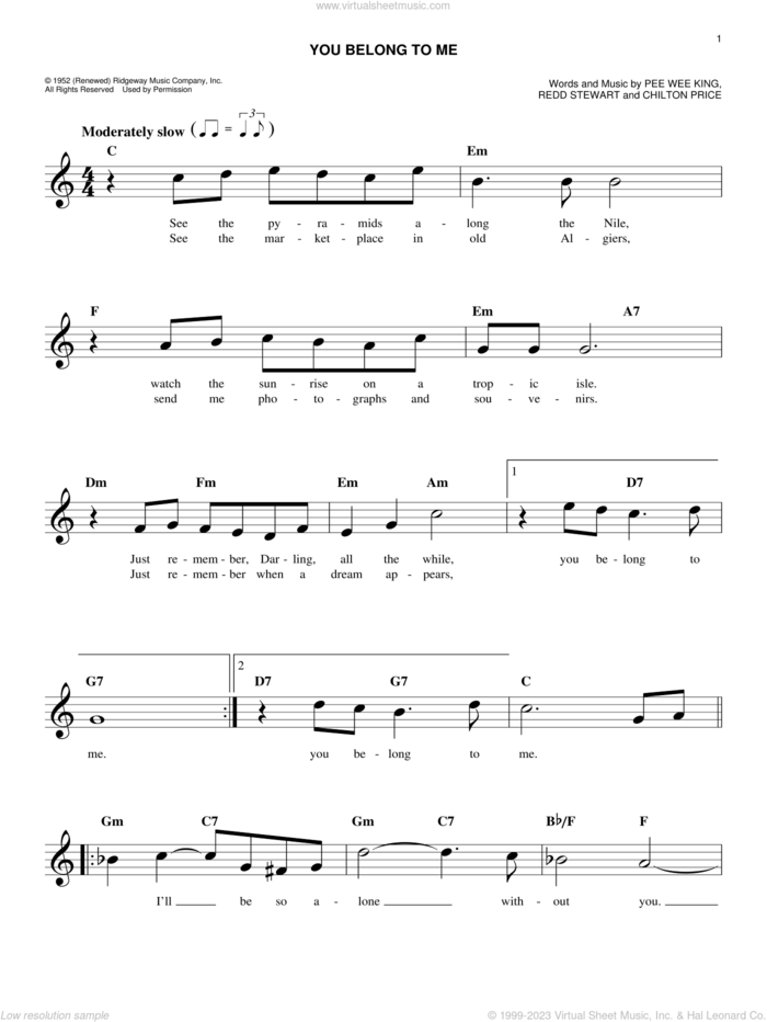 You Belong To Me sheet music for voice and other instruments (fake book) by Patsy Cline, Chilton Price, Pee Wee King and Redd Stewart, intermediate skill level