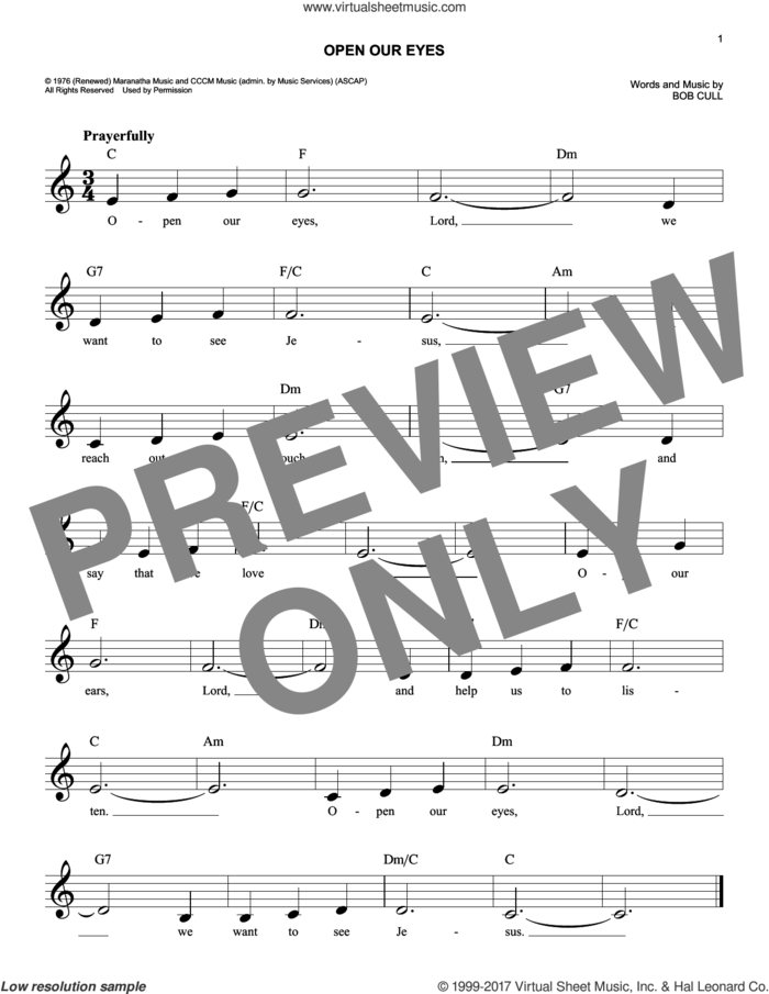 Open Our Eyes sheet music for voice and other instruments (fake book) by Robert M. Cull, easy skill level