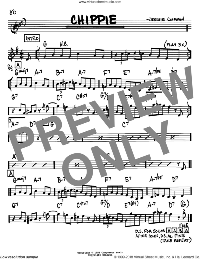 Chippie sheet music for voice and other instruments (in Bb) by Ornette Coleman, intermediate skill level