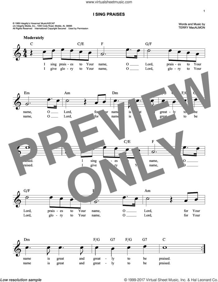 I Sing Praises sheet music for voice and other instruments (fake book) by Terry MacAlmon, easy skill level