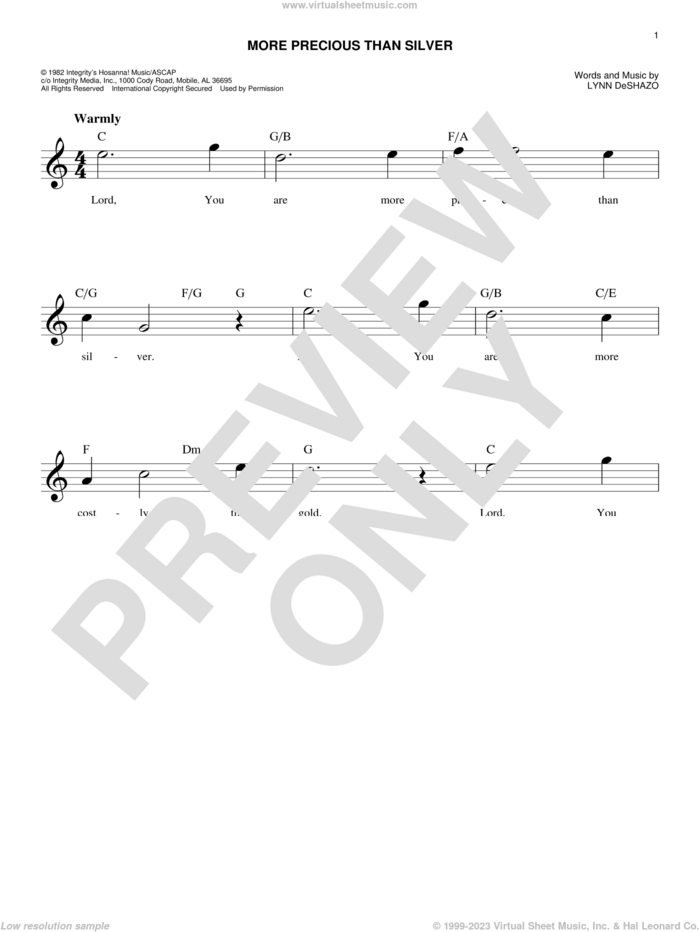 More Precious Than Silver sheet music for voice and other instruments (fake book) by Lynn DeShazo, easy skill level