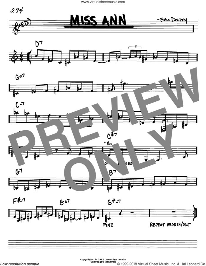 Miss Ann sheet music for voice and other instruments (in Bb) by Eric Dolphy, intermediate skill level