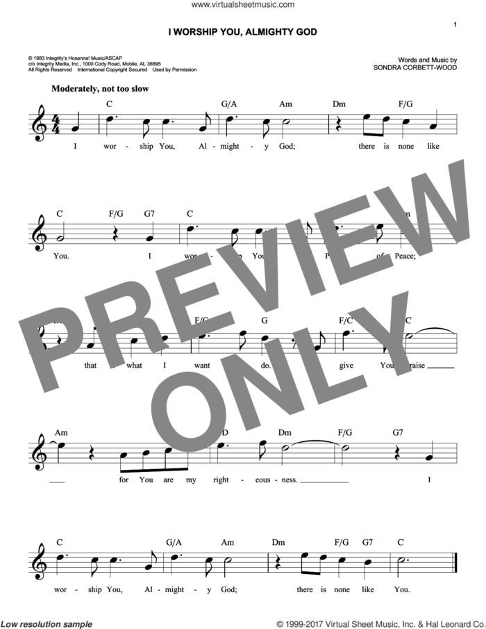 I Worship You, Almighty God sheet music for voice and other instruments (fake book) by Sondra Corbett-Wood, easy skill level