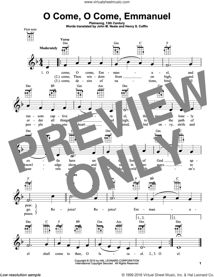 O Come, O Come Immanuel sheet music for ukulele by Plainsong, 13th Century, Henry S. Coffin (trans.) and John M. Neale (trans), intermediate skill level
