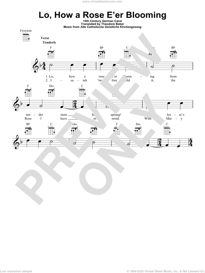 Lo, How A Rose E'er Blooming sheet music for ukulele by Anonymous and 15th Century German Carol, intermediate skill level