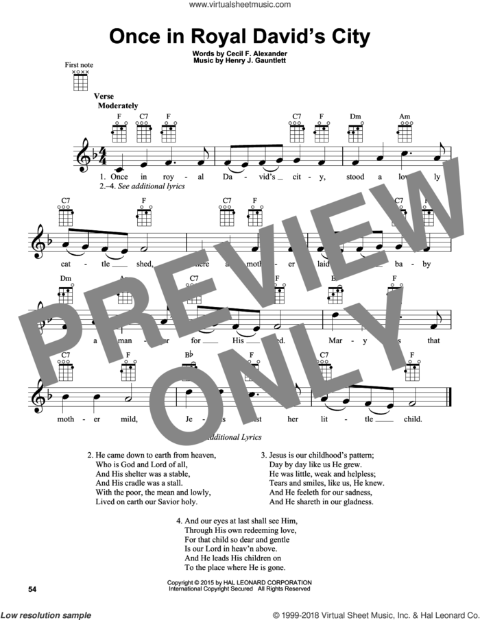 Once In Royal David's City sheet music for ukulele by Cecil Alexander and Henry Gauntlett, intermediate skill level