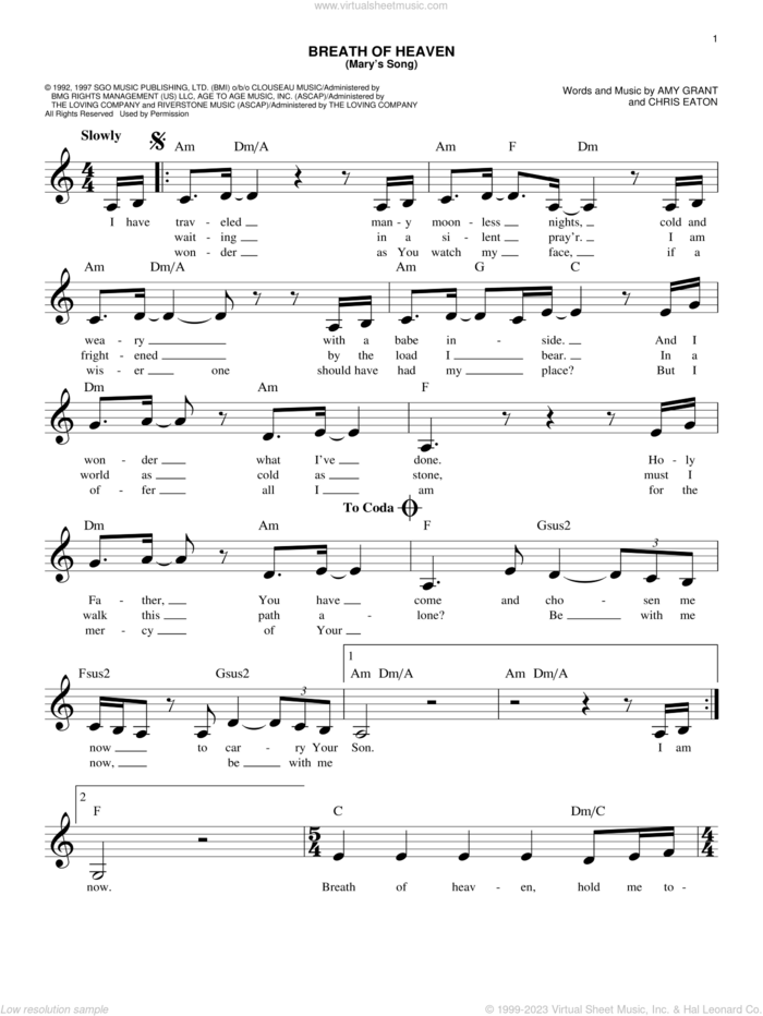 Breath Of Heaven (Mary's Song) sheet music for voice and other instruments (fake book) by Amy Grant and Chris Eaton, easy skill level