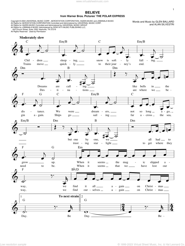 Believe (from The Polar Express) sheet music for voice and other instruments (fake book) by Glen Ballard, Josh Groban and Alan Silvestri, easy skill level