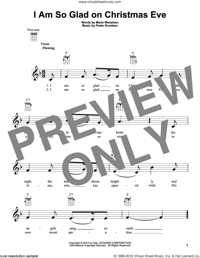 I Am So Glad On Christmas Eve sheet music for ukulele by Marie Wexelsen and Peder Knudsen, intermediate skill level