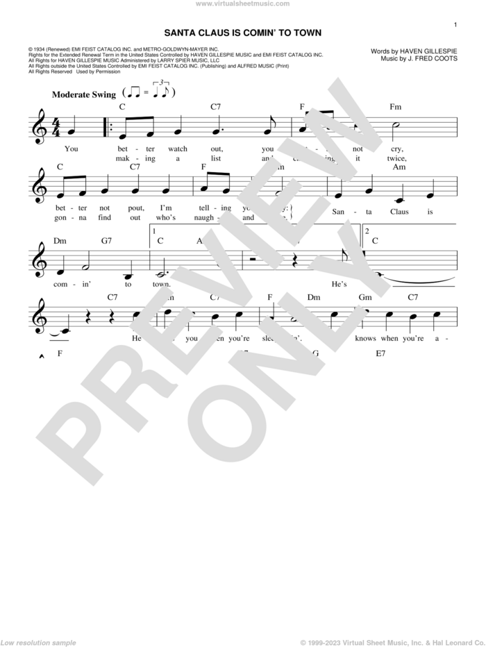 Santa Claus Is Comin' To Town sheet music for voice and other instruments (fake book) by J. Fred Coots and Haven Gillespie, easy skill level