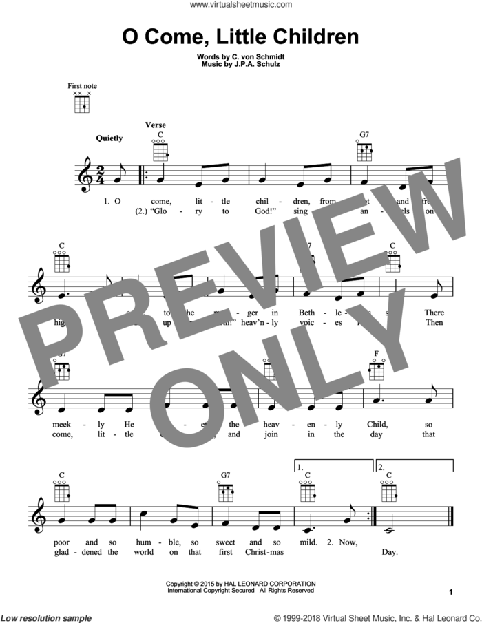 O Come, Little Children sheet music for ukulele by Cristoph Von Schmid and J.A.P. Schulz, intermediate skill level