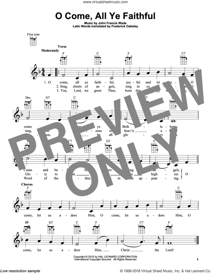 O Come, All Ye Faithful sheet music for ukulele by Frederick Oakeley (English) and John Francis Wade, intermediate skill level