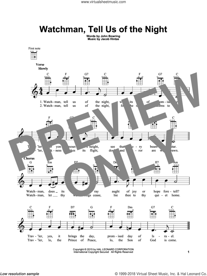 Watchman, Tell Us Of The Night sheet music for ukulele by John Bowring and Jacob Hintze, intermediate skill level