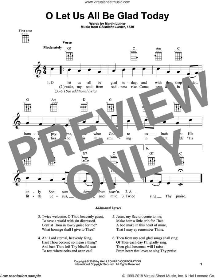O Let Us All Be Glad Today sheet music for ukulele by Geistliche Lieder and Martin Luther, intermediate skill level