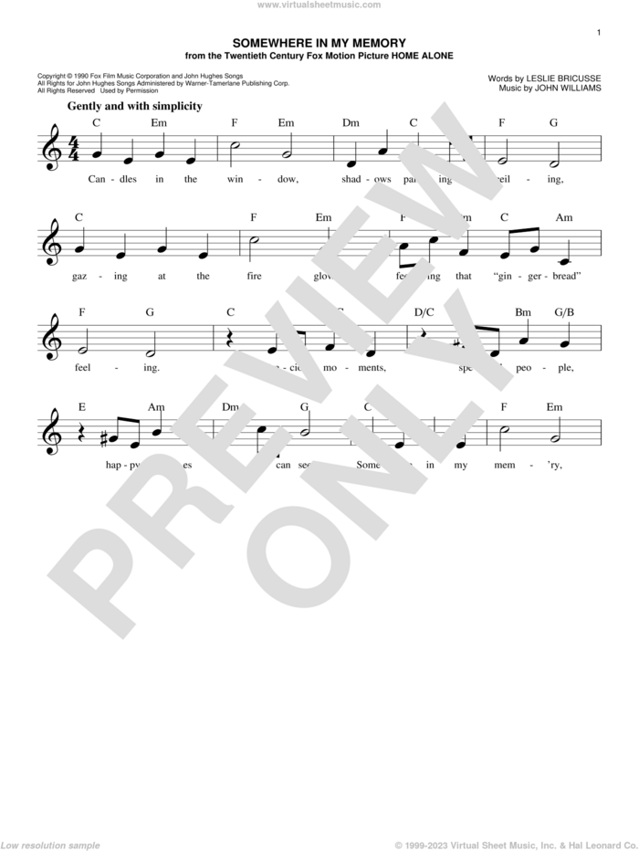 Somewhere In My Memory sheet music for voice and other instruments (fake book) by John Williams and Leslie Bricusse, intermediate skill level