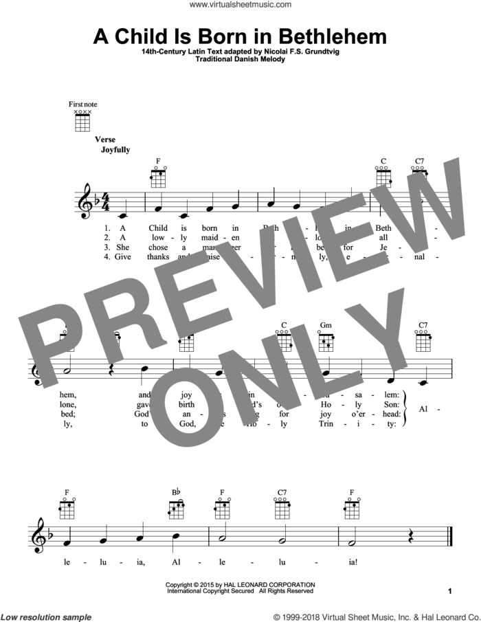 A Child Is Born In Bethlehem sheet music for ukulele by Nicolai F.S. Grundtvig and Traditional Danish Melody, intermediate skill level