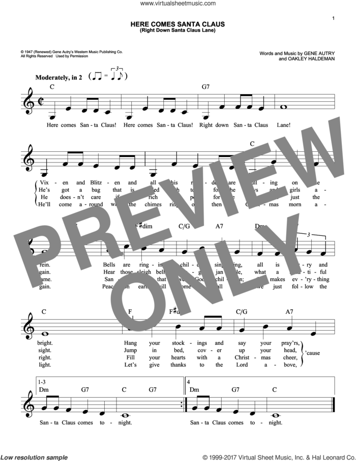 Here Comes Santa Claus (Right Down Santa Claus Lane) sheet music for voice and other instruments (fake book) by Gene Autry, Carpenters and Oakley Haldeman, easy skill level