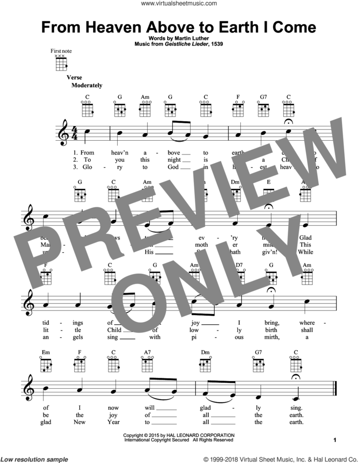 From Heaven Above To Earth I Come sheet music for ukulele by Martin Luther and Geistliche Lieder, intermediate skill level