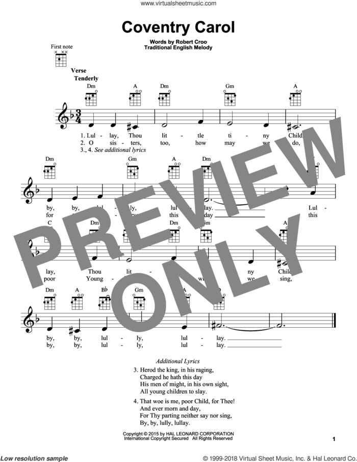 Coventry Carol sheet music for ukulele, intermediate skill level