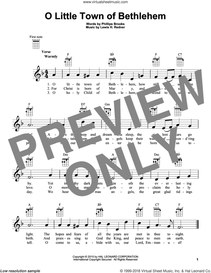 O Little Town Of Bethlehem sheet music for ukulele by Lewis Redner and Phillips Brooks, intermediate skill level