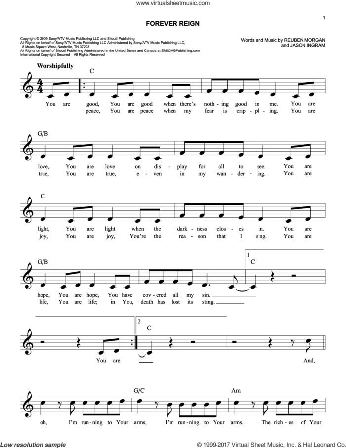 Forever Reign sheet music for voice and other instruments (fake book) by Jason Ingram, Hillsong Worship and Reuben Morgan, easy skill level
