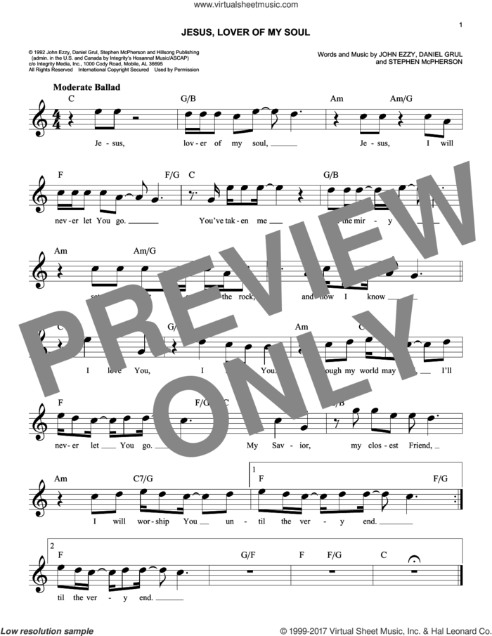 Jesus, Lover Of My Soul sheet music for voice and other instruments (fake book) by Daniel Grul, John Ezzy and Stephen McPherson, easy skill level