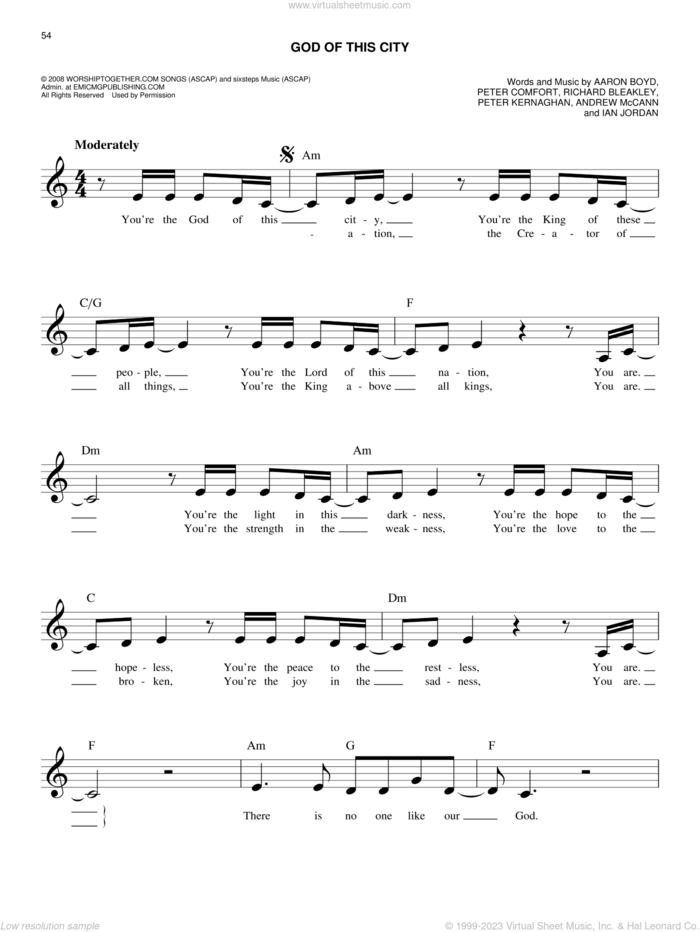 God Of This City sheet music for voice and other instruments (fake book) by Chris Tomlin, Aaron Boyd, Andrew McCann, Ian Jordan, Peter Comfort, Peter Kernaghan and Richard Bleakley, intermediate skill level