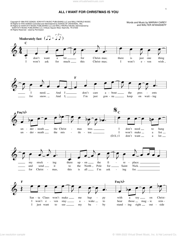 All I Want For Christmas Is You sheet music for voice and other instruments (fake book) by Mariah Carey and Walter Afanasieff, easy skill level