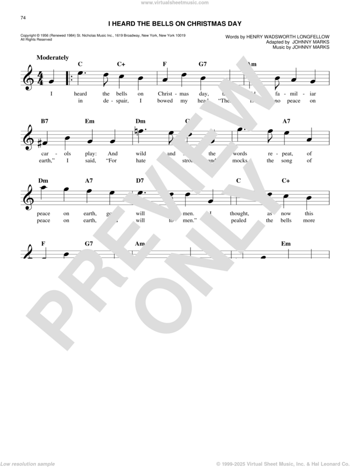 I Heard The Bells On Christmas Day sheet music for voice and other instruments (fake book) by Johnny Marks and Henry Wadsworth Longfellow, easy skill level