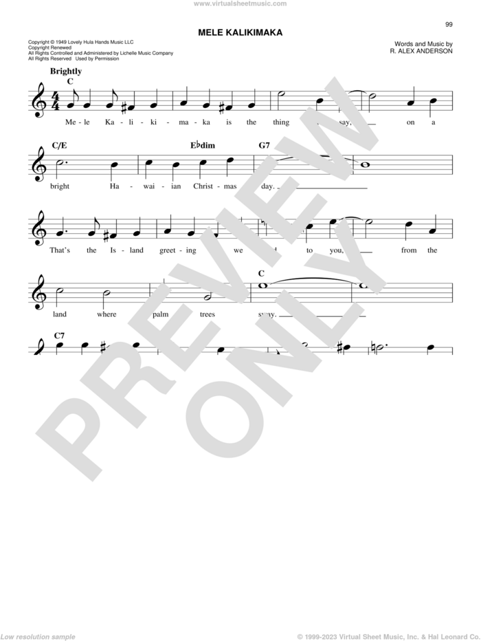Mele Kalikimaka sheet music for voice and other instruments (fake book) by R. Alex Anderson and Jake Owen, intermediate skill level
